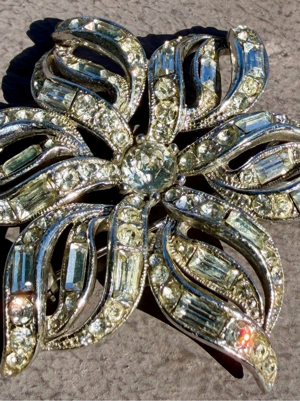 Vintage Signed BOGOFF Rhinestone Baguette Flower Brooch 1950s